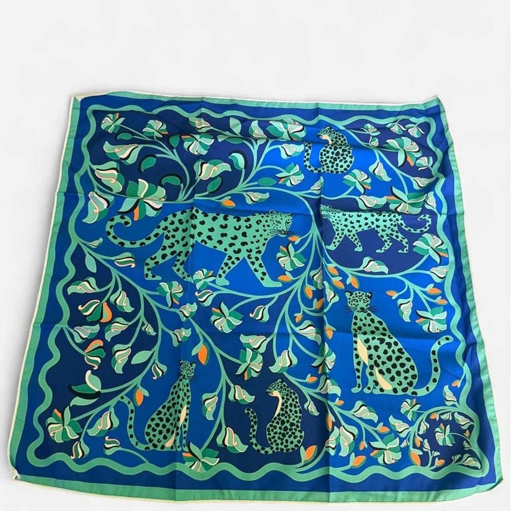 Blue Green Leopard Jungle Print Square‎ Silk Scarf Neckerchief Handbag Accessory